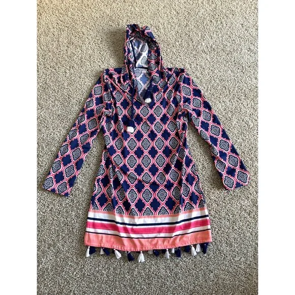 Cabana Life Women's  Sz S Hooded Tunic Cover-Up Dress Navy Pink Print W/ Tassels - Picture 5 of 12